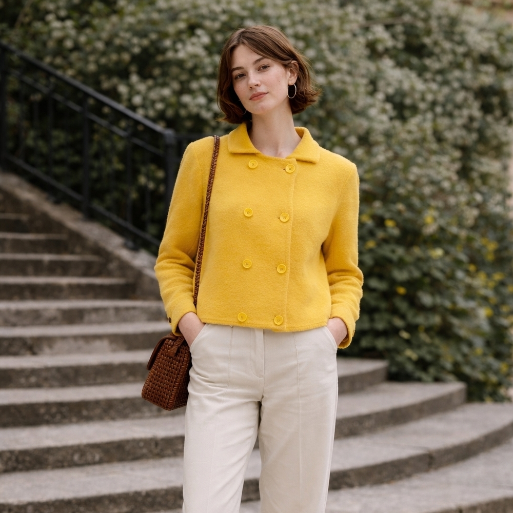 Vintage Liz Clairbone 100% Wool Yellow Doble-breasted Pea Coat Old Money Classic